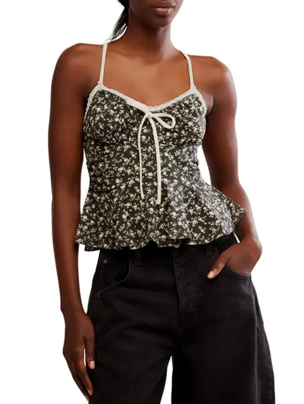 NWT! Free People Sammi Floral Camisole in Washed Black Combo Size Large
